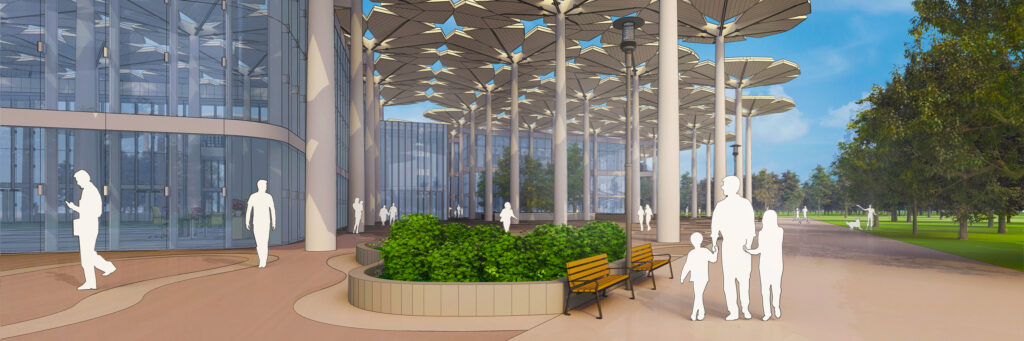 Rendering SketchUp con sagome di persone bianche.