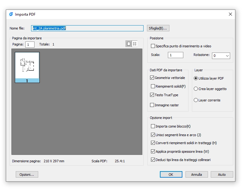 Finestra di dialogo Importa PDF di GstarCAD.
