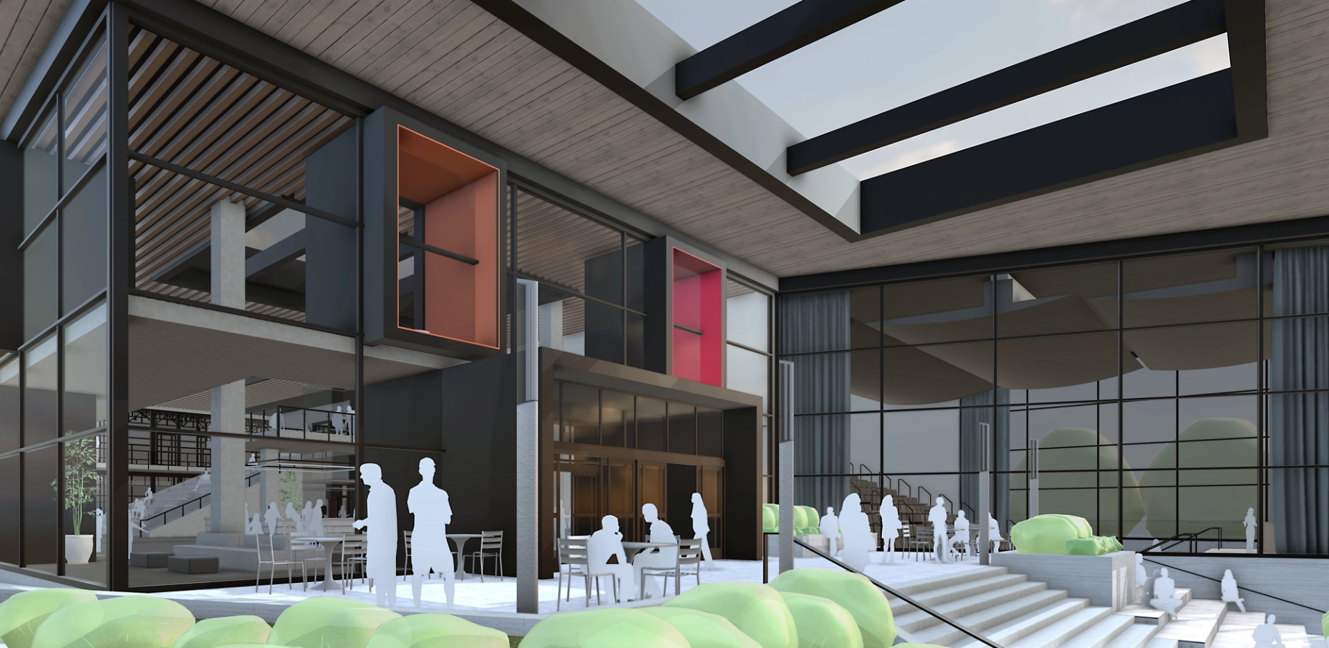 Modello SketchUp che mostra l'esterno di un centro polifunzionale con grandi pareti vetrate.