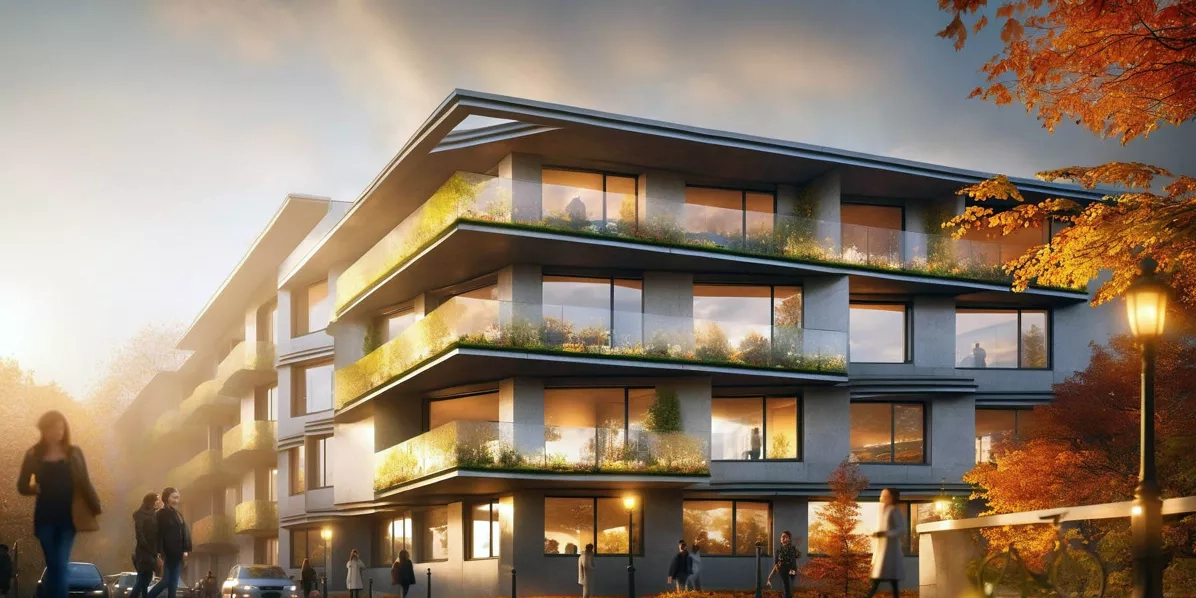 Esterno di edificio intonacato con Veras in autunno.