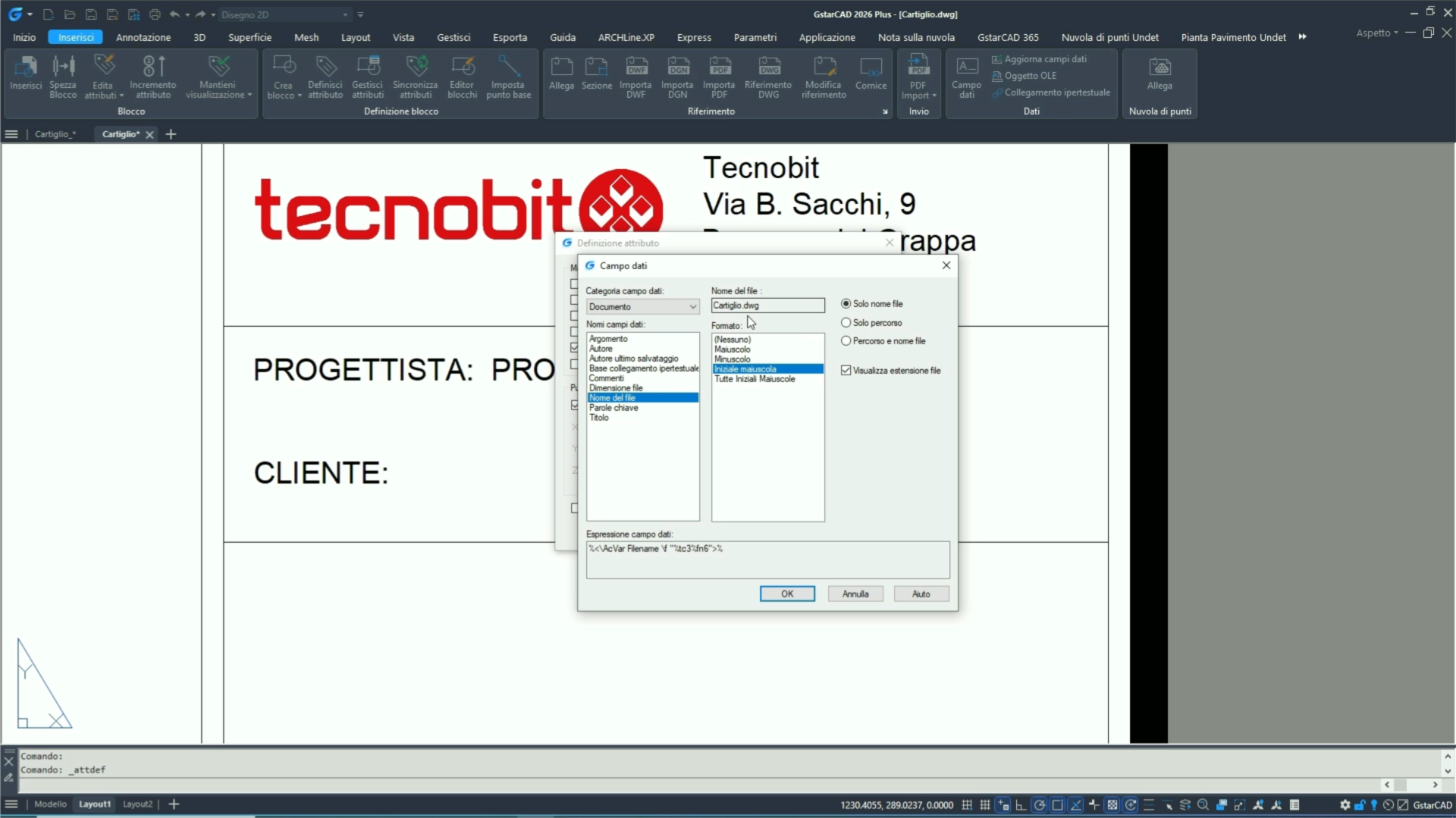 Cartiglio parametrico DWG con GstarCAD.