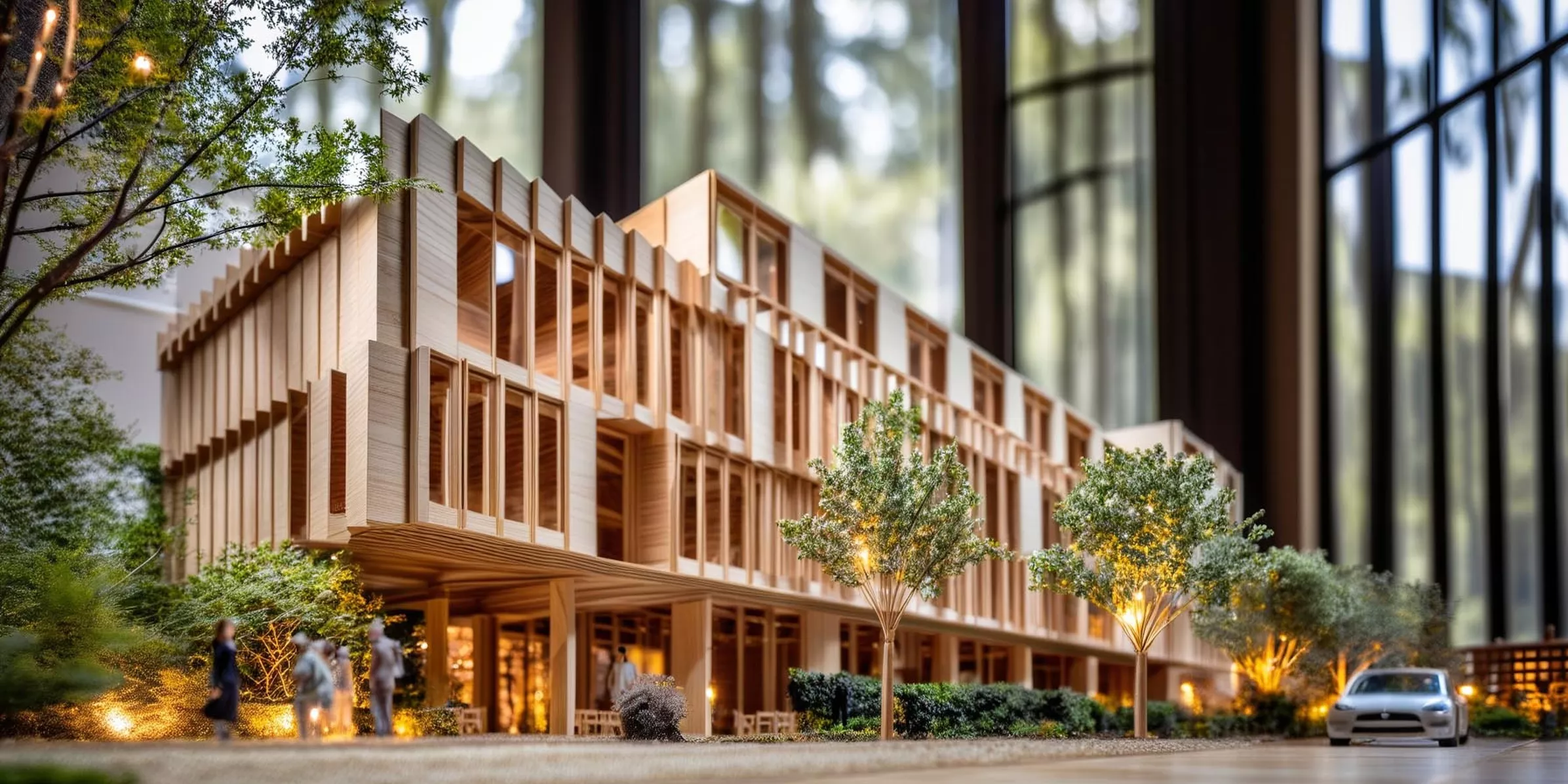 Modello architettonico in legno lungo una strada alberata